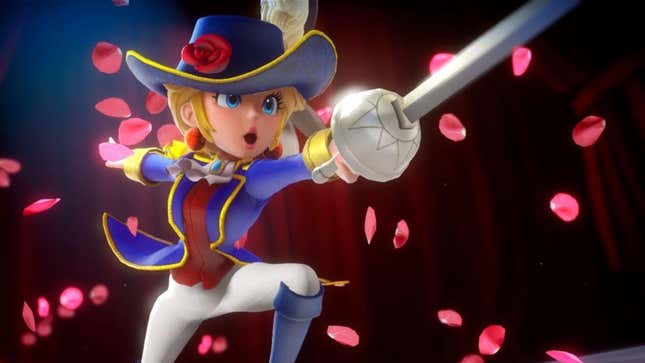 Swordfighter Peach lunges with her sword as flower petals dance around her