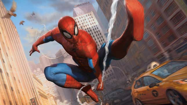 Spider-Man web-sling's down the street.