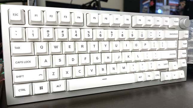 A completed GMMK Pro keyboard, silver, with frosty white keycaps.