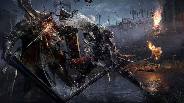 A knight fights a demon in Elden Ring.