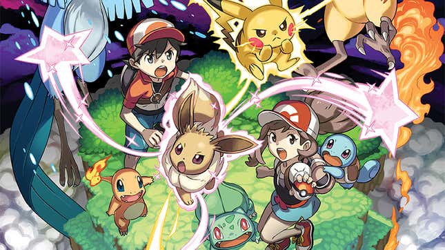Two Pokemon trainers stand on a patch of grass with Charmander, Bulbasaur, Squirtle, Eevee, and Pikachu, with Moltres and Articuno above them.