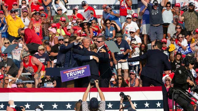 Former President trump raises a fist after being injured in an alleged assassination attempt.