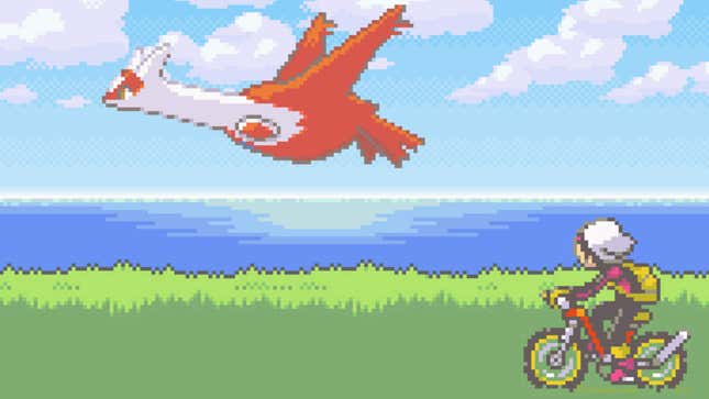 Brendan is seen riding his bicycle as Latias flies beside him over the ocean.