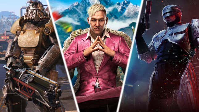 An image collage shows characters from Fallout, Robocop and Far Cry 4.