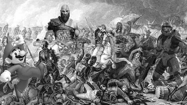 An old timey piece of art shows a battle with modern game characters added into it.